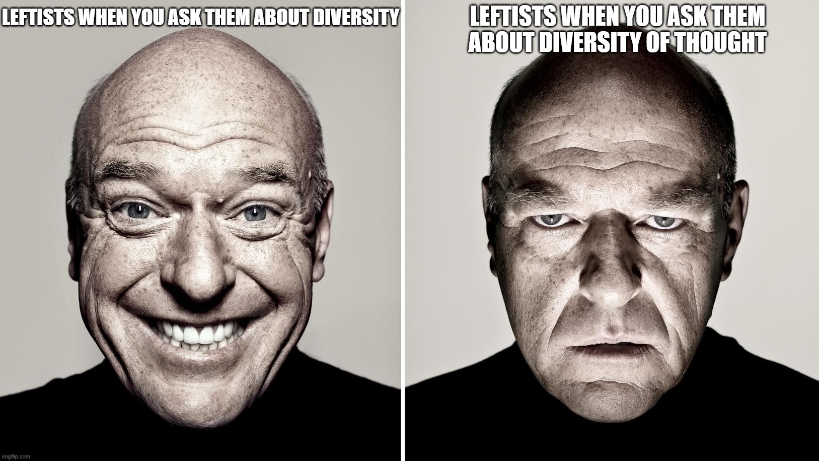 Diversity of Thought Does not Apply in the Diversity Politics it Seems | LEFTISTS WHEN YOU ASK THEM
ABOUT DIVERSITY OF THOUGHT; LEFTISTS WHEN YOU ASK THEM ABOUT DIVERSITY | image tagged in dean norris's reaction,diversity,hypocrisy,hypocrite,double standards,double standard | made w/ Imgflip meme maker
