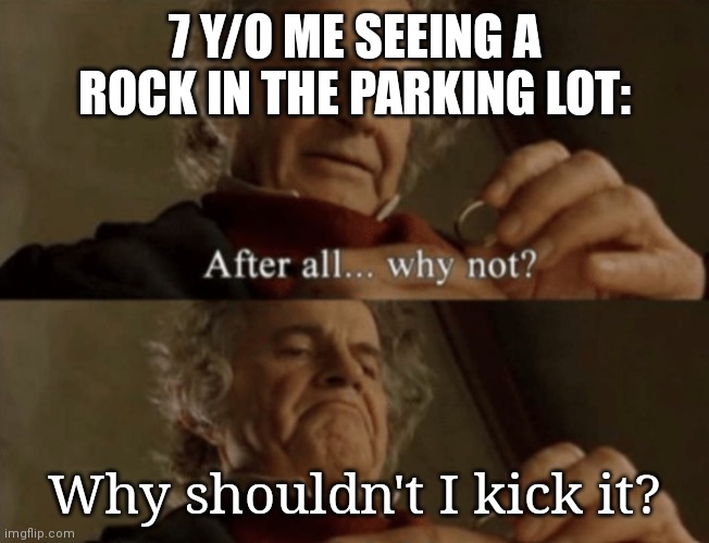 After all.. why not? | 7 Y/O ME SEEING A ROCK IN THE PARKING LOT:; Why shouldn't I kick it? | image tagged in after all why not | made w/ Imgflip meme maker
