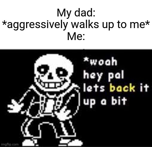 This happened one time | My dad: *aggressively walks up to me*
Me: | image tagged in woah hey pal lets back it up a bit,memes | made w/ Imgflip meme maker