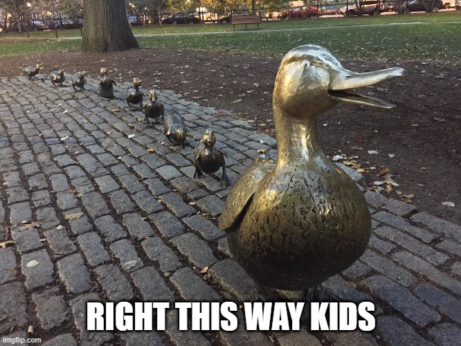 Statued | RIGHT THIS WAY KIDS | image tagged in ducks | made w/ Imgflip meme maker