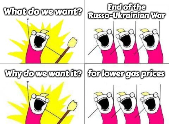 What Do We Want | What do we want? End of the Russo-Ukrainian War; Why do we want it? for lower gas prices | image tagged in memes,what do we want,slavic,russo-ukrainian war | made w/ Imgflip meme maker