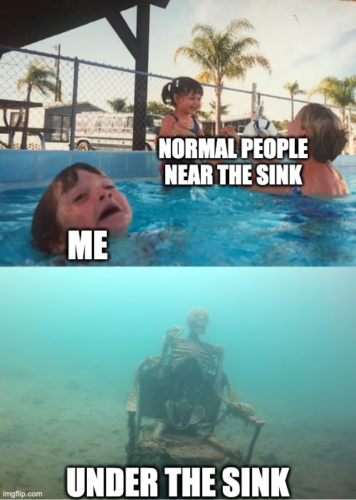 there's a reason i don't like water | NORMAL PEOPLE NEAR THE SINK; ME; UNDER THE SINK | image tagged in swimming pool kids | made w/ Imgflip meme maker