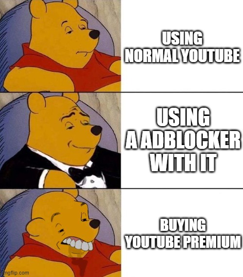 Yeah I won't buy it | USING NORMAL YOUTUBE; USING A ADBLOCKER WITH IT; BUYING YOUTUBE PREMIUM | image tagged in best better blurst | made w/ Imgflip meme maker