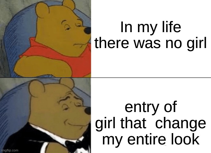 about changing of life | In my life there was no girl; entry of girl that  change my entire look | image tagged in memes,tuxedo winnie the pooh | made w/ Imgflip meme maker