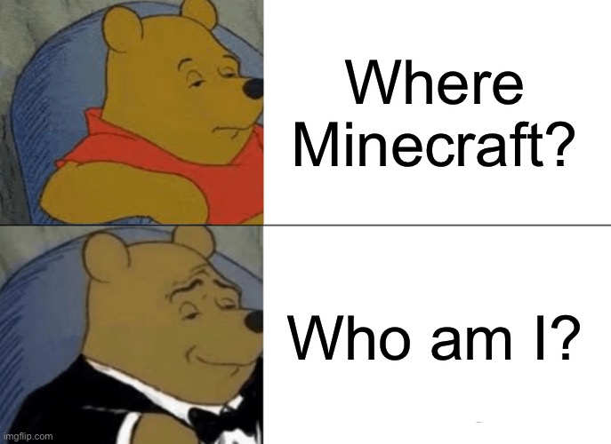Tuxedo Winnie The Pooh | Where Minecraft? Who am I? | image tagged in memes,tuxedo winnie the pooh | made w/ Imgflip meme maker