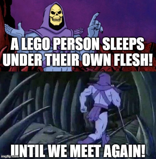 he man skeleton advices | A LEGO PERSON SLEEPS UNDER THEIR OWN FLESH! UNTIL WE MEET AGAIN! | image tagged in he man skeleton advices | made w/ Imgflip meme maker