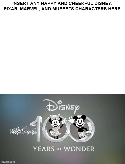 Who gets ready for Disney 100 Years of Wonder | INSERT ANY HAPPY AND CHEERFUL DISNEY, PIXAR, MARVEL, AND MUPPETS CHARACTERS HERE | image tagged in disney | made w/ Imgflip meme maker