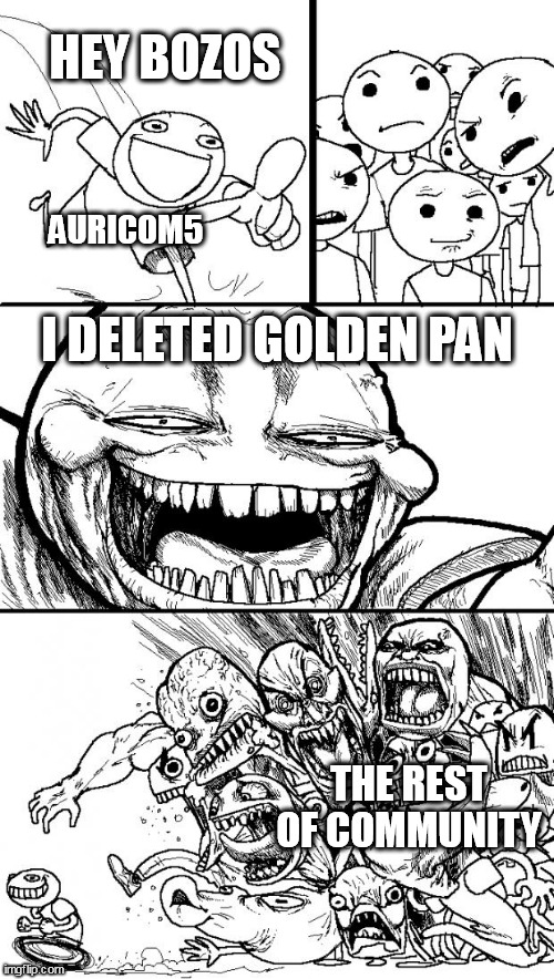 if u dont know who auricom5 is, its tf2 player who got bullied many times just because deleting golden pan | HEY BOZOS; AURICOM5; I DELETED GOLDEN PAN; THE REST OF COMMUNITY | image tagged in memes,hey internet,tf2 | made w/ Imgflip meme maker