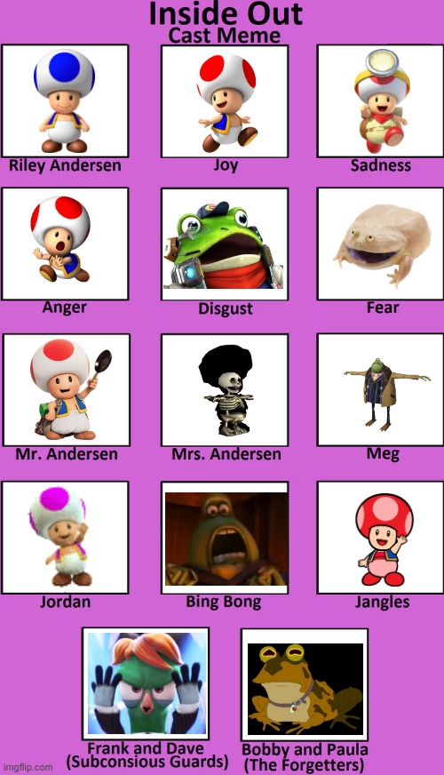 inside out cast | image tagged in inside out cast,pixar,toad,hypnotoad,mario bros views,movies | made w/ Imgflip meme maker