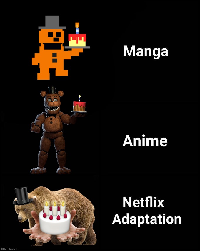 If you don't understand, Manga=Minigame Cakebear, Anime=3D Cakebear, Netflix Adaptation=grizzly bear giving you cake | image tagged in netflix adaptation,fnaf | made w/ Imgflip meme maker