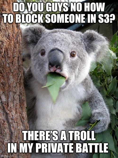 Can you pls help? | DO YOU GUYS NO HOW TO BLOCK SOMEONE IN S3? THERE’S A TROLL IN MY PRIVATE BATTLE | image tagged in memes,surprised koala,splatoon,troll | made w/ Imgflip meme maker