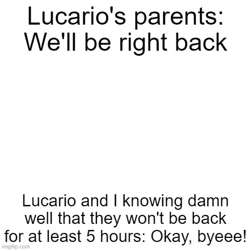 See you in a minute...Not. | Lucario's parents: We'll be right back; Lucario and I knowing damn well that they won't be back for at least 5 hours: Okay, byeee! | image tagged in memes,blank transparent square | made w/ Imgflip meme maker