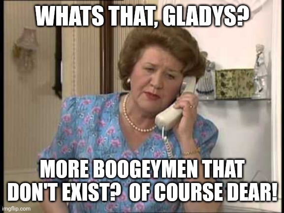 Keeping Up Appearances | WHATS THAT, GLADYS? MORE BOOGEYMEN THAT DON'T EXIST?  OF COURSE DEAR! | image tagged in keeping up appearances | made w/ Imgflip meme maker