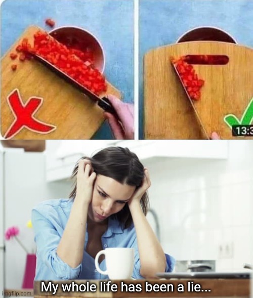 Cutting board hack | My whole life has been a lie... | image tagged in kitchen,life hack,cutting,board,secret,my life is a lie | made w/ Imgflip meme maker