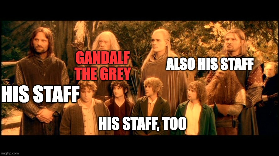 Gandalf's Staff | ALSO HIS STAFF; GANDALF THE GREY; HIS STAFF; HIS STAFF, TOO | image tagged in fellowship | made w/ Imgflip meme maker