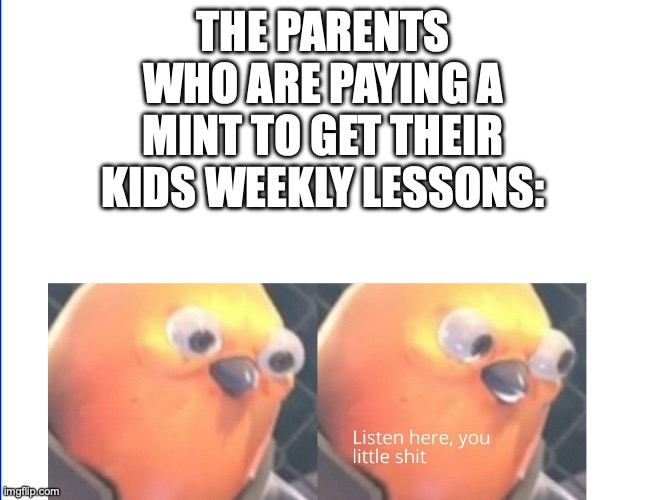 Listen here you little shit | THE PARENTS WHO ARE PAYING A MINT TO GET THEIR KIDS WEEKLY LESSONS: | image tagged in listen here you little shit | made w/ Imgflip meme maker
