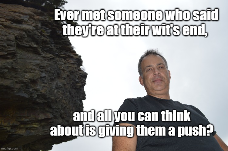 Wit's end | Ever met someone who said they're at their wit's end, and all you can think about is giving them a push? | image tagged in wits end,push,push them,end of their rope,funny | made w/ Imgflip meme maker