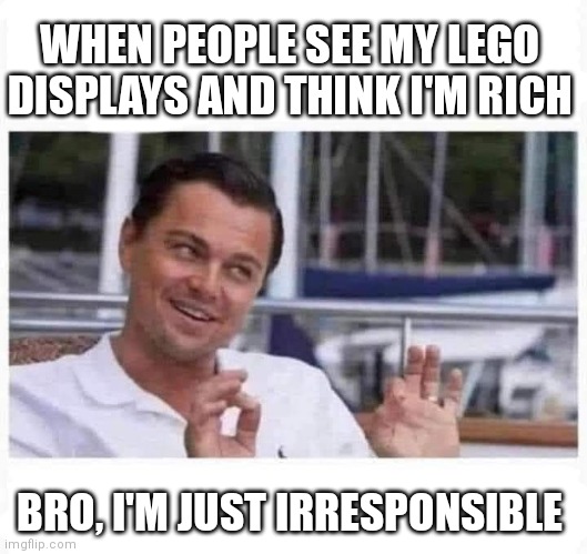 I'm irresponsible | WHEN PEOPLE SEE MY LEGO DISPLAYS AND THINK I'M RICH; BRO, I'M JUST IRRESPONSIBLE | image tagged in lego,legos,funny | made w/ Imgflip meme maker