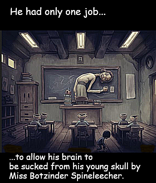 The magic of a sound education | He had only one job... ...to allow his brain to be sucked from his young skull by 
Miss Botzinder Spineleecher. | image tagged in memes,middle school | made w/ Imgflip meme maker