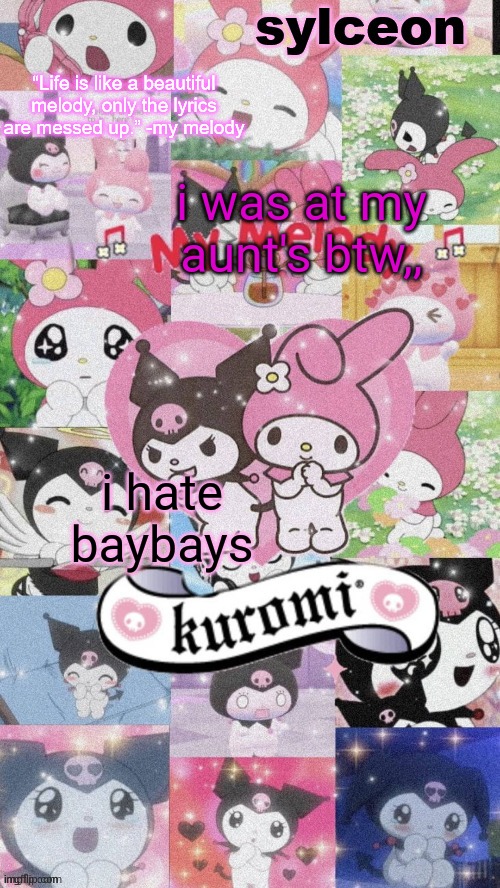 sylc's my melody and kuromi temp | i was at my aunt's btw,, i hate baybays | image tagged in sylc's my melody and kuromi temp | made w/ Imgflip meme maker