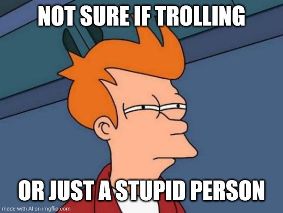 _ | NOT SURE IF TROLLING; OR JUST A STUPID PERSON | image tagged in memes,futurama fry,ai meme | made w/ Imgflip meme maker