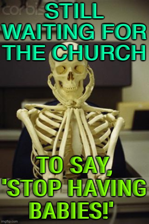 Stop having babies! | STILL WAITING FOR THE CHURCH; TO SAY, 'STOP HAVING BABIES!' | image tagged in waiting skeleton | made w/ Imgflip meme maker
