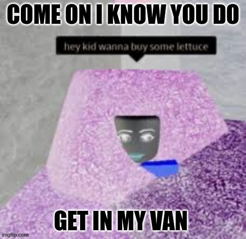 hey kid wanna buy some lettuce | COME ON I KNOW YOU DO; GET IN MY VAN | image tagged in hey kid wanna buy some lettuce | made w/ Imgflip meme maker