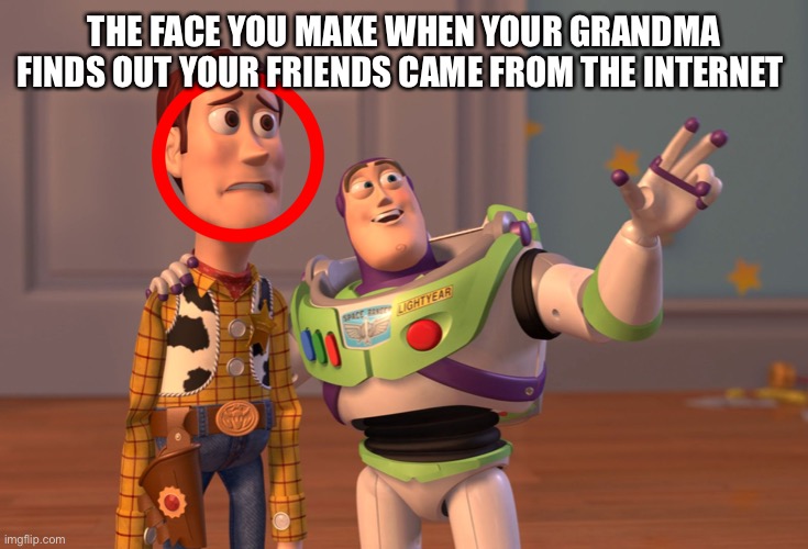X, X Everywhere Meme | THE FACE YOU MAKE WHEN YOUR GRANDMA FINDS OUT YOUR FRIENDS CAME FROM THE INTERNET | image tagged in memes,x x everywhere | made w/ Imgflip meme maker
