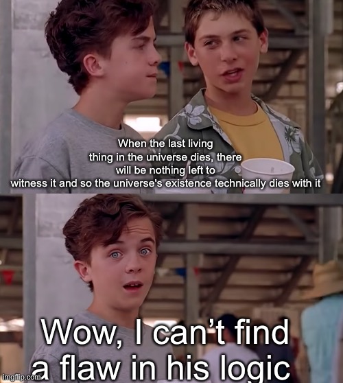 Wow, I Can't Find A Flaw In His Logic | When the last living thing in the universe dies, there will be nothing left to witness it and so the universe's existence technically dies with it; Wow, I can’t find a flaw in his logic | image tagged in wow i can't find a flaw in his logic | made w/ Imgflip meme maker