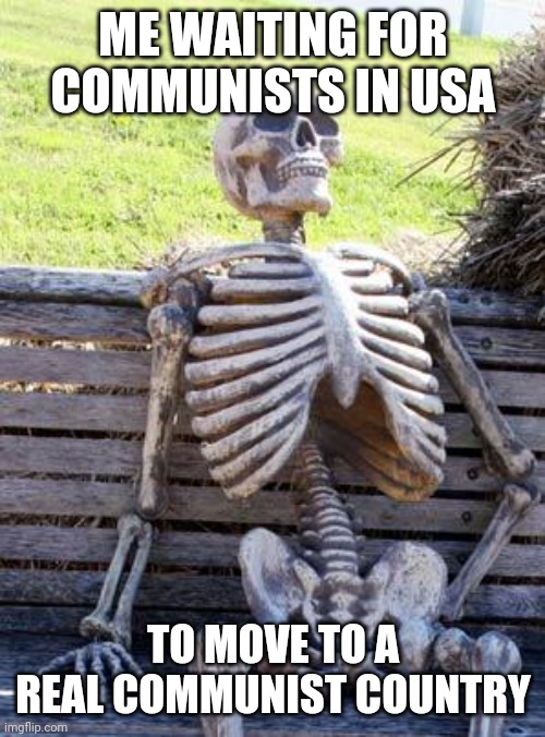 Waiting Skeleton Meme | ME WAITING FOR COMMUNISTS IN USA TO MOVE TO A REAL COMMUNIST COUNTRY | image tagged in memes,waiting skeleton | made w/ Imgflip meme maker
