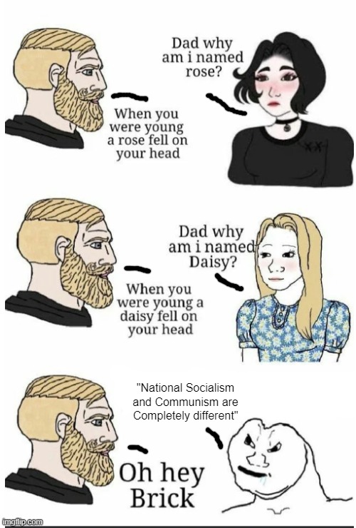 oh hey brick | "National Socialism and Communism are Completely different" | image tagged in oh hey brick,memes | made w/ Imgflip meme maker