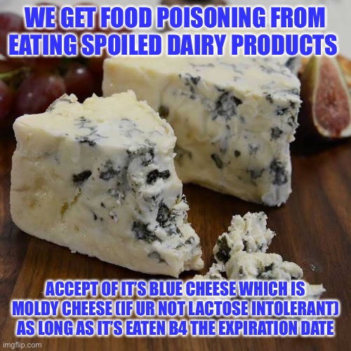 blu cheese | WE GET FOOD POISONING FROM EATING SPOILED DAIRY PRODUCTS; ACCEPT OF IT’S BLUE CHEESE WHICH IS MOLDY CHEESE (IF UR NOT LACTOSE INTOLERANT) AS LONG AS IT’S EATEN B4 THE EXPIRATION DATE | image tagged in cheese,shower thoughts | made w/ Imgflip meme maker