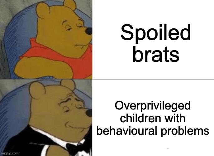 Tuxedo Winnie The Pooh | Spoiled brats; Overprivileged children with behavioural problems | image tagged in memes,tuxedo winnie the pooh | made w/ Imgflip meme maker