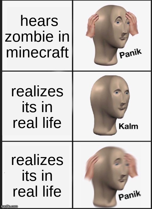 Panik Kalm Panik | hears zombie in minecraft; realizes its in real life; realizes its in real life | image tagged in memes,panik kalm panik | made w/ Imgflip meme maker
