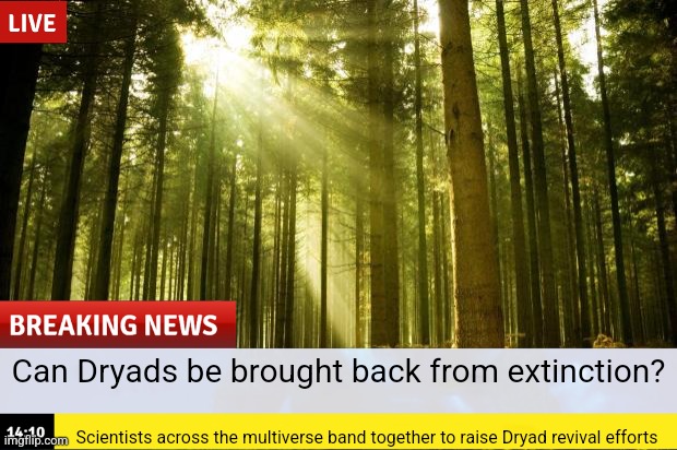 Little lore tease | Can Dryads be brought back from extinction? Scientists across the multiverse band together to raise Dryad revival efforts | image tagged in sunlit forest | made w/ Imgflip meme maker