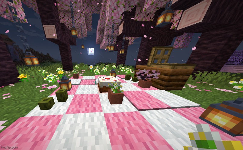 Cherry Blossom Picnic Build <3 (first post in Minecraft Stream) | image tagged in minecraft,sakura,cherry,creative | made w/ Imgflip meme maker