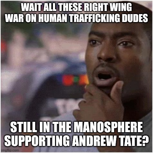 Damn That's Wild | WAIT ALL THESE RIGHT WING WAR ON HUMAN TRAFFICKING DUDES; STILL IN THE MANOSPHERE SUPPORTING ANDREW TATE? | image tagged in shocked black guy | made w/ Imgflip meme maker