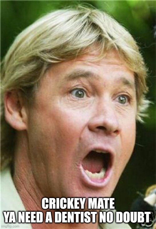 Crikey | CRICKEY MATE
YA NEED A DENTIST NO DOUBT | image tagged in crikey | made w/ Imgflip meme maker