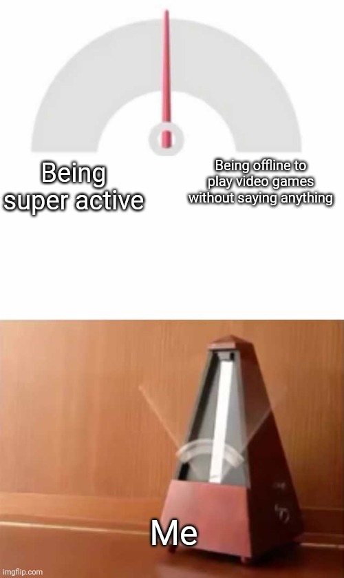 I gotta start on adult ove soon. What's been happening? | Being offline to play video games without saying anything; Being super active; Me | image tagged in metronome | made w/ Imgflip meme maker