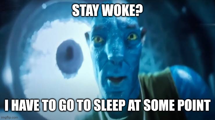 Avatar blue Guy | STAY WOKE? I HAVE TO GO TO SLEEP AT SOME POINT | image tagged in avatar blue guy | made w/ Imgflip meme maker