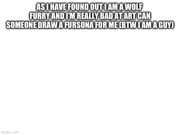 Blank White Template | AS I HAVE FOUND OUT I AM A WOLF 
FURRY AND I’M REALLY BAD AT ART CAN SOMEONE DRAW A FURSONA FOR ME (BTW I AM A GUY) | image tagged in blank white template | made w/ Imgflip meme maker