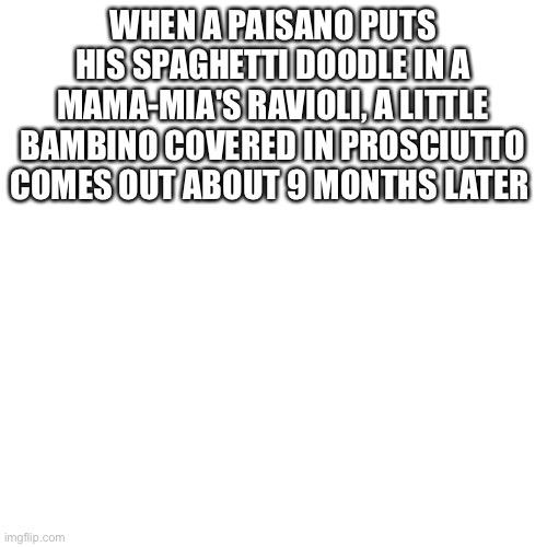 Blank Transparent Square Meme | WHEN A PAISANO PUTS HIS SPAGHETTI DOODLE IN A MAMA-MIA'S RAVIOLI, A LITTLE BAMBINO COVERED IN PROSCIUTTO COMES OUT ABOUT 9 MONTHS LATER | image tagged in memes,blank transparent square | made w/ Imgflip meme maker