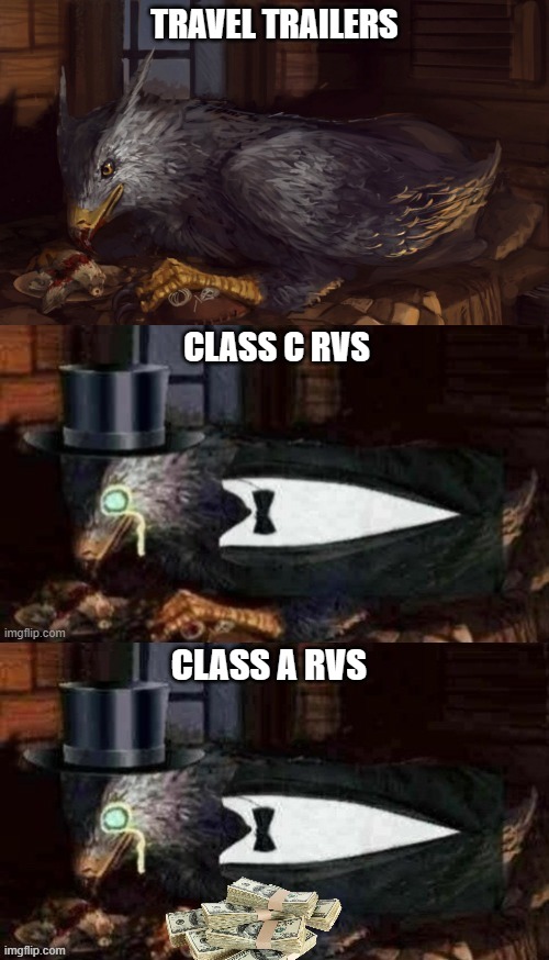 I'll explain the different types of rvs in the comments | TRAVEL TRAILERS; CLASS C RVS; CLASS A RVS | image tagged in tuxedo buckbeak 3 panel | made w/ Imgflip meme maker