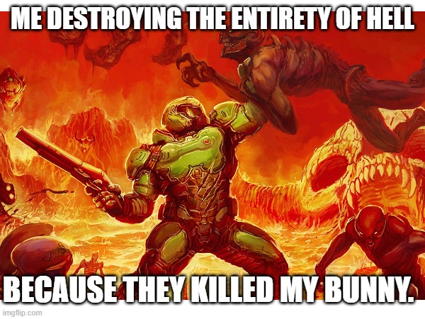 Image title | ME DESTROYING THE ENTIRETY OF HELL; BECAUSE THEY KILLED MY BUNNY. | image tagged in doom,bunny | made w/ Imgflip meme maker