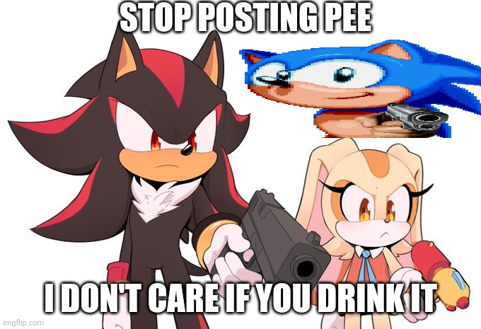 shadow and cream with guns | STOP POSTING PEE; I DON'T CARE IF YOU DRINK IT | image tagged in shadow and cream with guns | made w/ Imgflip meme maker