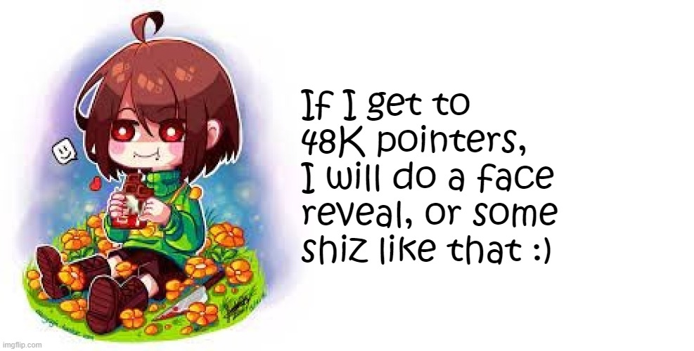 Can we do it, 48k, probably not, but it's worth a try | If I get to 48K pointers, I will do a face reveal, or some shiz like that :) | image tagged in chocochara | made w/ Imgflip meme maker