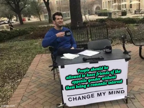 As a Demi Ace this makes me mad | People should be allowed to have friends of the opposite gender without them being a romantic interest | image tagged in memes,change my mind | made w/ Imgflip meme maker