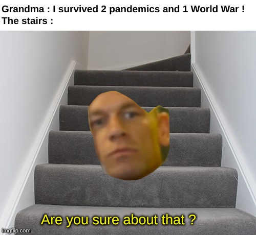 Skill issue | Grandma : I survived 2 pandemics and 1 World War !
The stairs :; Are you sure about that ? | image tagged in memes,dark,grandma,stairs,are you sure about that cena,front page plz | made w/ Imgflip meme maker