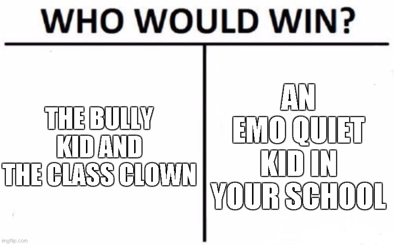 *insert intensive music here* | THE BULLY KID AND THE CLASS CLOWN; AN EMO QUIET KID IN YOUR SCHOOL | image tagged in memes,who would win | made w/ Imgflip meme maker