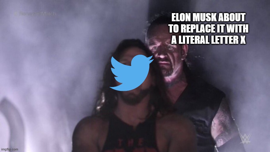 i could have thought of a better logo | ELON MUSK ABOUT TO REPLACE IT WITH A LITERAL LETTER X | image tagged in aj styles undertaker,twitter,elon musk,dank memes | made w/ Imgflip meme maker